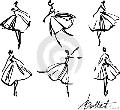 set of graphic hand-drawn ballerinas in different dancing poses Vector Illustration